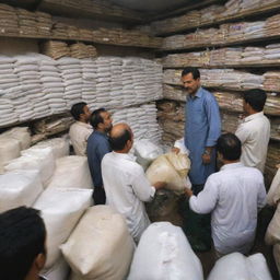 Intense scene at the single Pakistani fertilizer shop in town, overflowing with customers in an extra rush hour. The shopkeeper is hustling among the vibrant stacks of fertilizer bags, delivering quick service in a high-energy atmosphere.