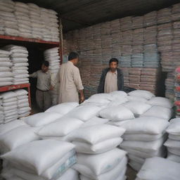 Intense scene at the single Pakistani fertilizer shop in town, overflowing with customers in an extra rush hour. The shopkeeper is hustling among the vibrant stacks of fertilizer bags, delivering quick service in a high-energy atmosphere.