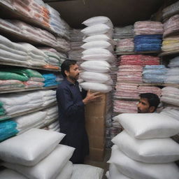 Intense scene at the single Pakistani fertilizer shop in town, overflowing with customers in an extra rush hour. The shopkeeper is hustling among the vibrant stacks of fertilizer bags, delivering quick service in a high-energy atmosphere.