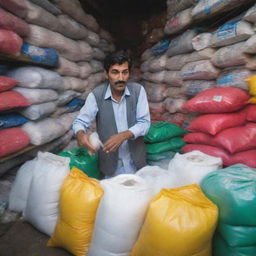 Intense scene at the single Pakistani fertilizer shop in town, overflowing with customers in an extra rush hour. The shopkeeper is hustling among the vibrant stacks of fertilizer bags, delivering quick service in a high-energy atmosphere.