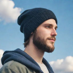 Produce a lofi-style side profile of a youthful man wearing over-ear headphones and a beanie, with a well-groomed beard, peering into the sky, a single joyful tear on his face representing hope.