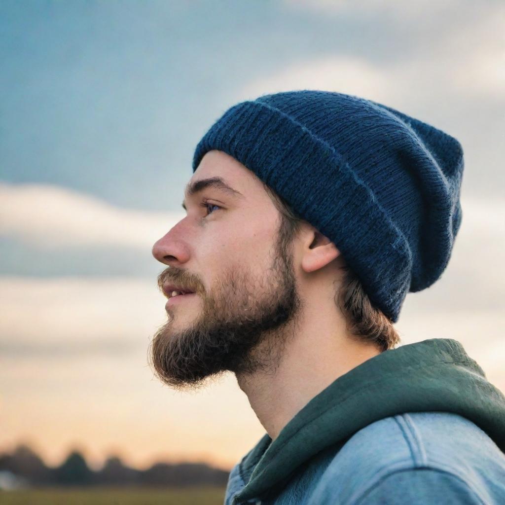 Produce a lofi-style side profile of a youthful man wearing over-ear headphones and a beanie, with a well-groomed beard, peering into the sky, a single joyful tear on his face representing hope.