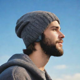 Produce a lofi-style side profile of a youthful man wearing over-ear headphones and a beanie, with a well-groomed beard, peering into the sky, a single joyful tear on his face representing hope.