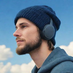 Produce a lofi-style side profile of a youthful man wearing over-ear headphones and a beanie, with a well-groomed beard, peering into the sky, a single joyful tear on his face representing hope.