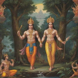 A detailed, epic setting of the ancient Indian epic Ramayan, showing Rama, Sita, and Hanuman with a backdrop of mythical forests and intricate palaces.