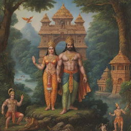 A detailed, epic setting of the ancient Indian epic Ramayan, showing Rama, Sita, and Hanuman with a backdrop of mythical forests and intricate palaces.