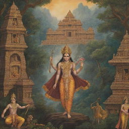 A detailed, epic setting of the ancient Indian epic Ramayan, showing Rama, Sita, and Hanuman with a backdrop of mythical forests and intricate palaces.