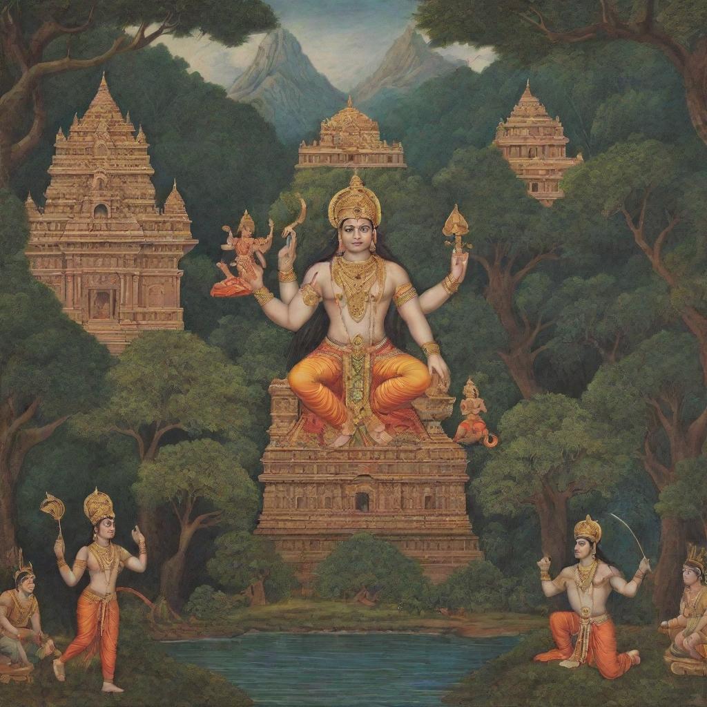 A detailed, epic setting of the ancient Indian epic Ramayan, showing Rama, Sita, and Hanuman with a backdrop of mythical forests and intricate palaces.