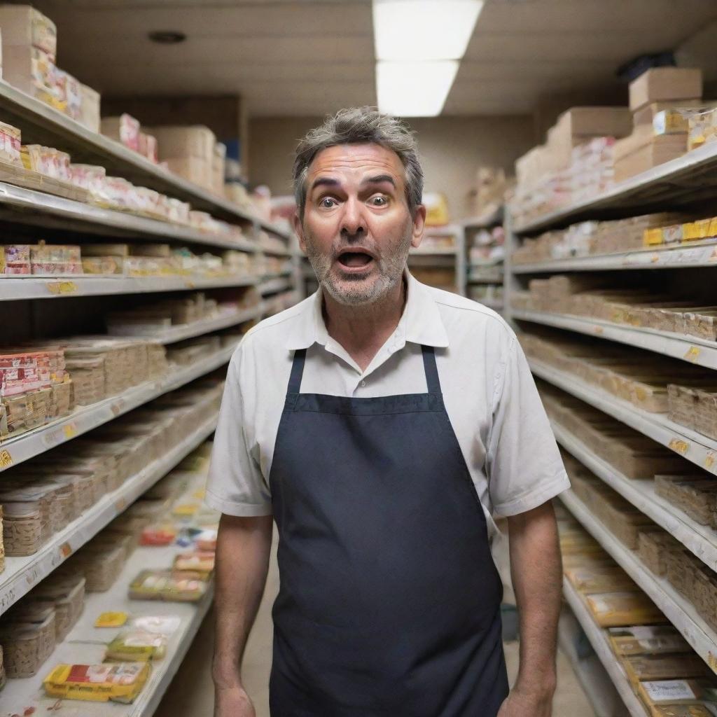 A distressed shopkeeper amidst a chaotic store. His expression conveys intense concern while handling an unexpected rush. Around him, customers buzz like bees, their faces a blur of urgency.