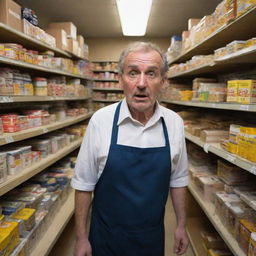 A distressed shopkeeper amidst a chaotic store. His expression conveys intense concern while handling an unexpected rush. Around him, customers buzz like bees, their faces a blur of urgency.