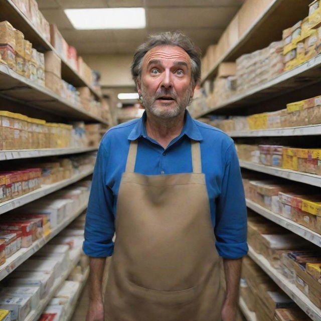 A distressed shopkeeper amidst a chaotic store. His expression conveys intense concern while handling an unexpected rush. Around him, customers buzz like bees, their faces a blur of urgency.