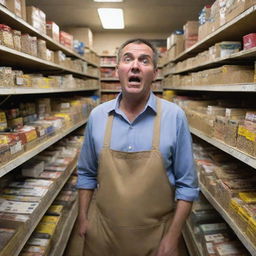 A distressed shopkeeper amidst a chaotic store. His expression conveys intense concern while handling an unexpected rush. Around him, customers buzz like bees, their faces a blur of urgency.