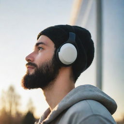 Create a lofi image capturing the side profile of a youthful man with shaved hair, a voluminous black beard, wearing over-ear headphones and a beanie, as he looks into the sky. Sunlight is illuminating his face, a tear of joy conveying hope.