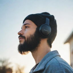 Create a lofi image capturing the side profile of a youthful man with shaved hair, a voluminous black beard, wearing over-ear headphones and a beanie, as he looks into the sky. Sunlight is illuminating his face, a tear of joy conveying hope.