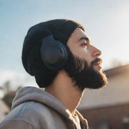 Create a lofi image capturing the side profile of a youthful man with shaved hair, a voluminous black beard, wearing over-ear headphones and a beanie, as he looks into the sky. Sunlight is illuminating his face, a tear of joy conveying hope.