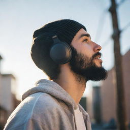 Create a lofi image capturing the side profile of a youthful man with shaved hair, a voluminous black beard, wearing over-ear headphones and a beanie, as he looks into the sky. Sunlight is illuminating his face, a tear of joy conveying hope.