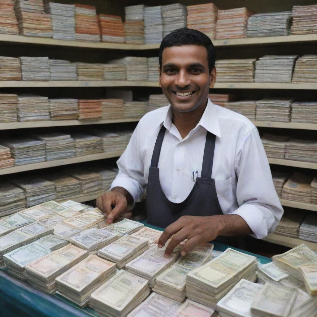 A shopkeeper at a busy store, his hands full of currency notes as he deals with transactions. The twinkle in his eyes and satisfied smile on his face show his excitement for the prosperous day.