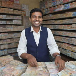 A shopkeeper at a busy store, his hands full of currency notes as he deals with transactions. The twinkle in his eyes and satisfied smile on his face show his excitement for the prosperous day.