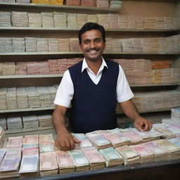 A shopkeeper at a busy store, his hands full of currency notes as he deals with transactions. The twinkle in his eyes and satisfied smile on his face show his excitement for the prosperous day.