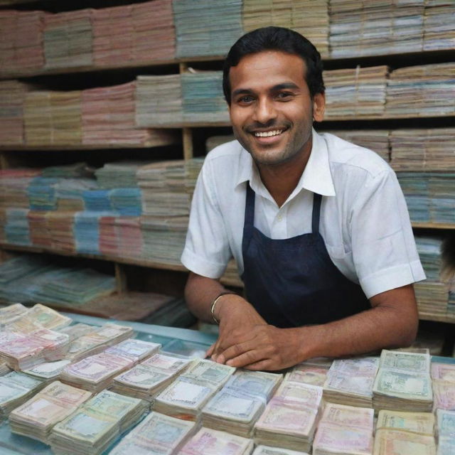 A shopkeeper at a busy store, his hands full of currency notes as he deals with transactions. The twinkle in his eyes and satisfied smile on his face show his excitement for the prosperous day.