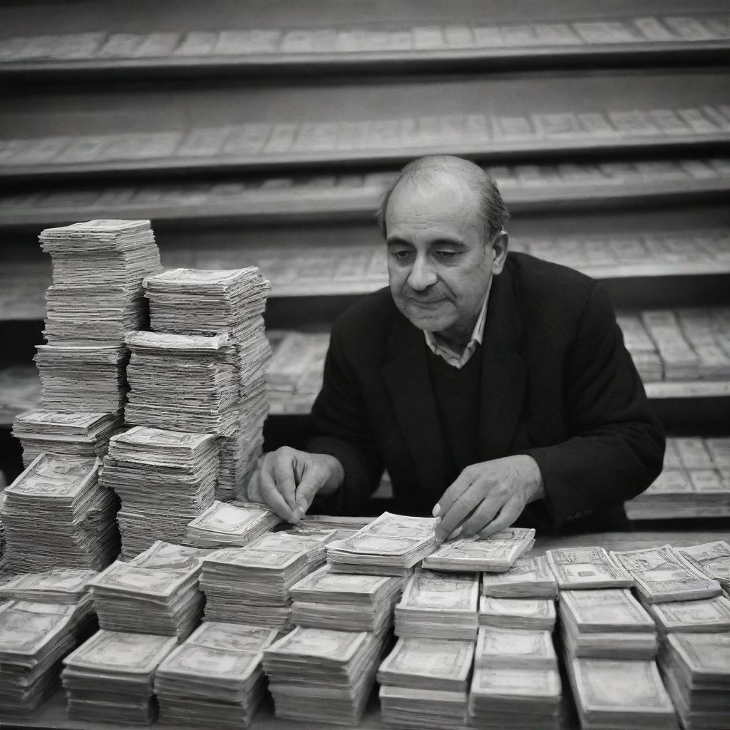 A triumphant shopkeeper counting a stack of money at the end of a bustling day. His weary yet satisfied expression reflects the fruitful result of laborious day. Behind him, the shop is empty, quiet after a day of bustling trade.