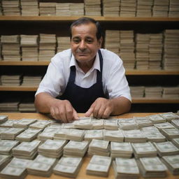 A triumphant shopkeeper counting a stack of money at the end of a bustling day. His weary yet satisfied expression reflects the fruitful result of laborious day. Behind him, the shop is empty, quiet after a day of bustling trade.