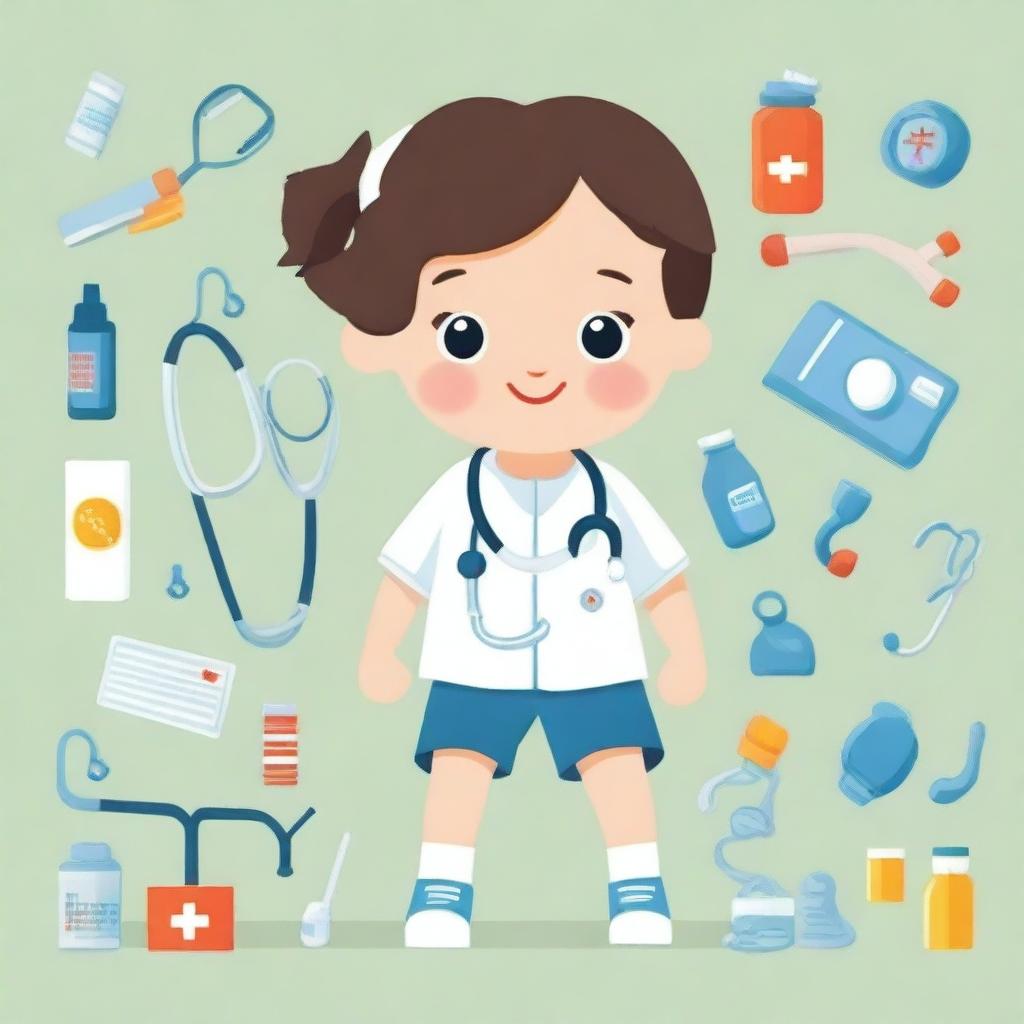 Create an image of a cute child playing with medical supplies