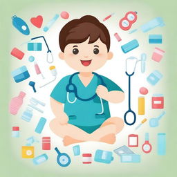 Create an image of a cute child playing with medical supplies