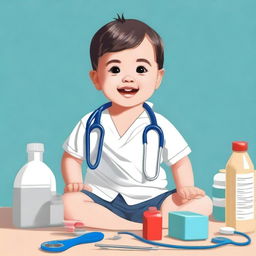 Create an image of a cute child playing with medical supplies