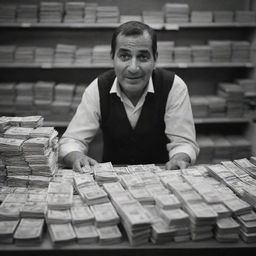 A triumphant shopkeeper counting a stack of money at the end of a bustling day. His weary yet satisfied expression reflects the fruitful result of laborious day. Behind him, the shop is empty, quiet after a day of bustling trade.