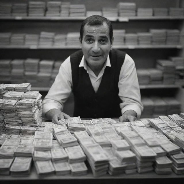 A triumphant shopkeeper counting a stack of money at the end of a bustling day. His weary yet satisfied expression reflects the fruitful result of laborious day. Behind him, the shop is empty, quiet after a day of bustling trade.