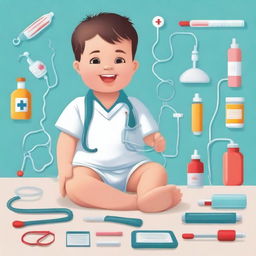 Create an image of a cute child playing with medical supplies