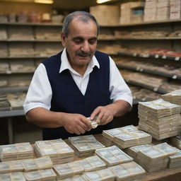 A triumphant shopkeeper counting a stack of money at the end of a bustling day. His weary yet satisfied expression reflects the fruitful result of laborious day. Behind him, the shop is empty, quiet after a day of bustling trade.