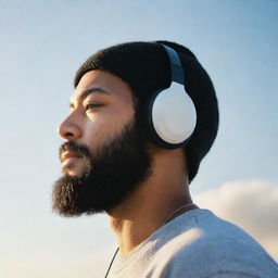 Construct a lofi image of the side profile of a plump young man in the process of slimming down, with a full, well-groomed black beard, shaved head, wearing over-ear headphones and a beanie. He's gazing skywards, the sun subtly illuminating his face, a tear of joy symbolizing hope.