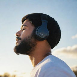 Construct a lofi image of the side profile of a plump young man in the process of slimming down, with a full, well-groomed black beard, shaved head, wearing over-ear headphones and a beanie. He's gazing skywards, the sun subtly illuminating his face, a tear of joy symbolizing hope.