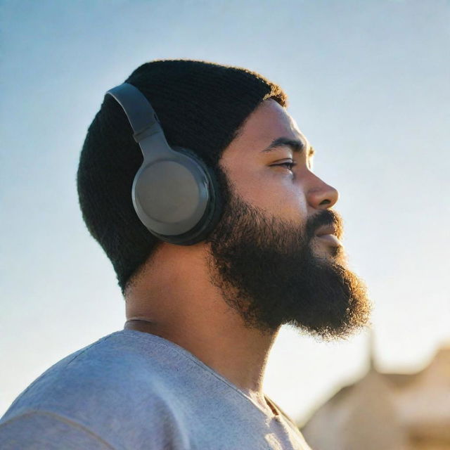 Construct a lofi image of the side profile of a plump young man in the process of slimming down, with a full, well-groomed black beard, shaved head, wearing over-ear headphones and a beanie. He's gazing skywards, the sun subtly illuminating his face, a tear of joy symbolizing hope.