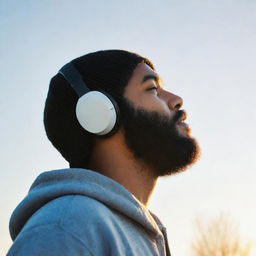 Construct a lofi image of the side profile of a plump young man in the process of slimming down, with a full, well-groomed black beard, shaved head, wearing over-ear headphones and a beanie. He's gazing skywards, the sun subtly illuminating his face, a tear of joy symbolizing hope.