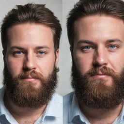 Edit the second image to incorporate the voluminous beard from the first image, and add tears streaming down the young man's face.