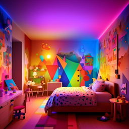 A vibrant children's room illuminated by RGB lighting, adorned with playful and creative room decor that sparks imagination, including interesting wall art, toys and comfortable furniture.