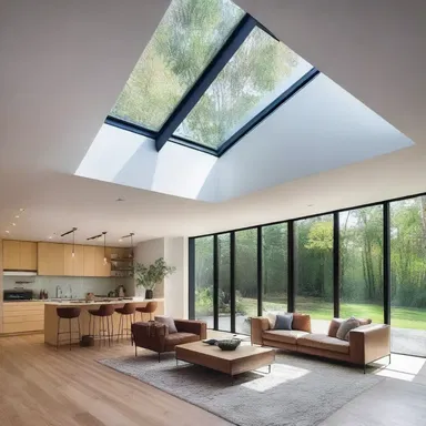 The modern house design includes a glass skylight in the medulla, allowing natural light to illuminate the space.