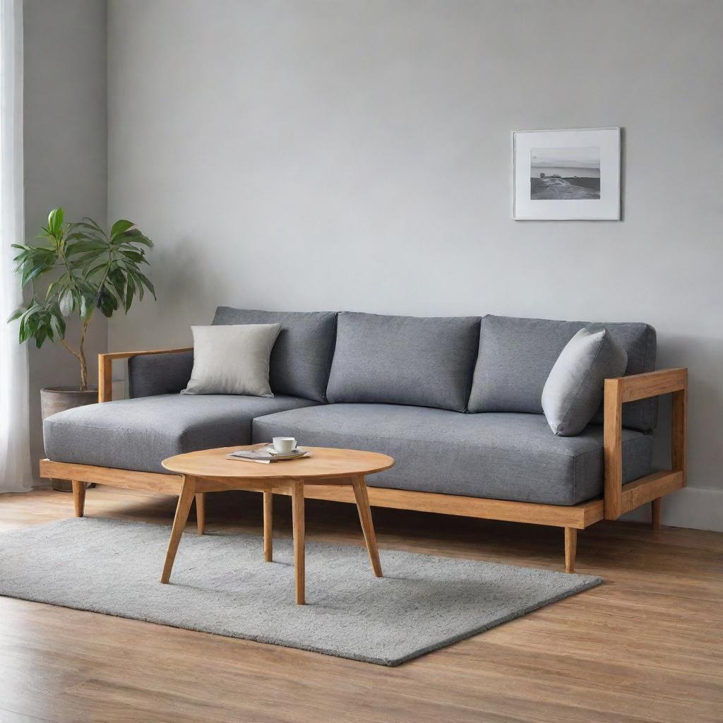 A compact L-shaped wooden sofa designed specifically for a cozy sitting room.