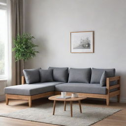 A compact L-shaped wooden sofa designed specifically for a cozy sitting room.