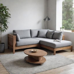 A compact L-shaped wooden sofa designed specifically for a cozy sitting room.