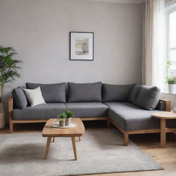 A compact L-shaped wooden sofa designed specifically for a cozy sitting room.