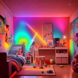 A vibrant children's room illuminated by RGB lighting, adorned with playful and creative room decor that sparks imagination, including interesting wall art, toys and comfortable furniture.