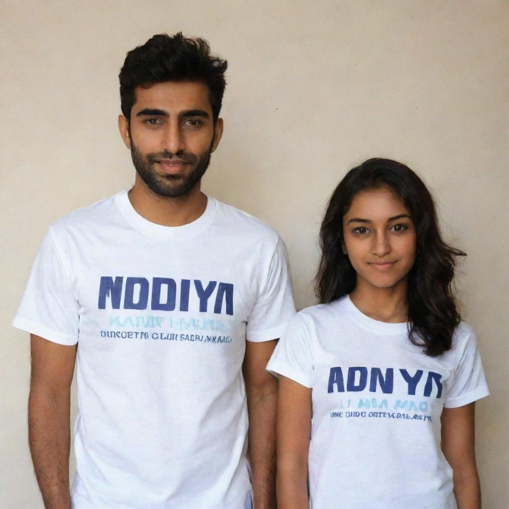 Couple's t-shirts: one for a boy named Adil and one for a girl named Imaya. The shirts should have their names in stylish, bold typography.