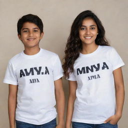 Couple's t-shirts: one for a boy named Adil and one for a girl named Imaya. The shirts should have their names in stylish, bold typography.