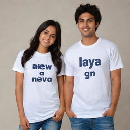 Couple's t-shirts: one for a boy named Adil and one for a girl named Imaya. The shirts should have their names in stylish, bold typography.