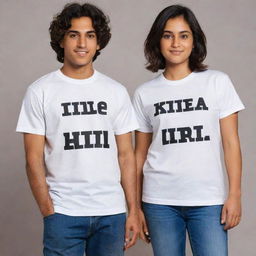 Couple's t-shirts: one for a boy named Adil and one for a girl named Imaya. The shirts should have their names in stylish, bold typography.