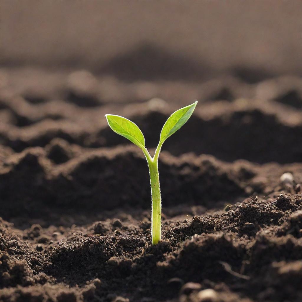 The organic beauty of seed germination, captured intimately. Witness the first stages of life as the seed cracks open, sprouting a delicate green shoot reaching for the sunlight, surrounded by rich, nurturing soil.